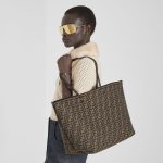 FENDI Roll Large Tobacco brown FF jacquard and striped Pequin fabric shopper - Image 2